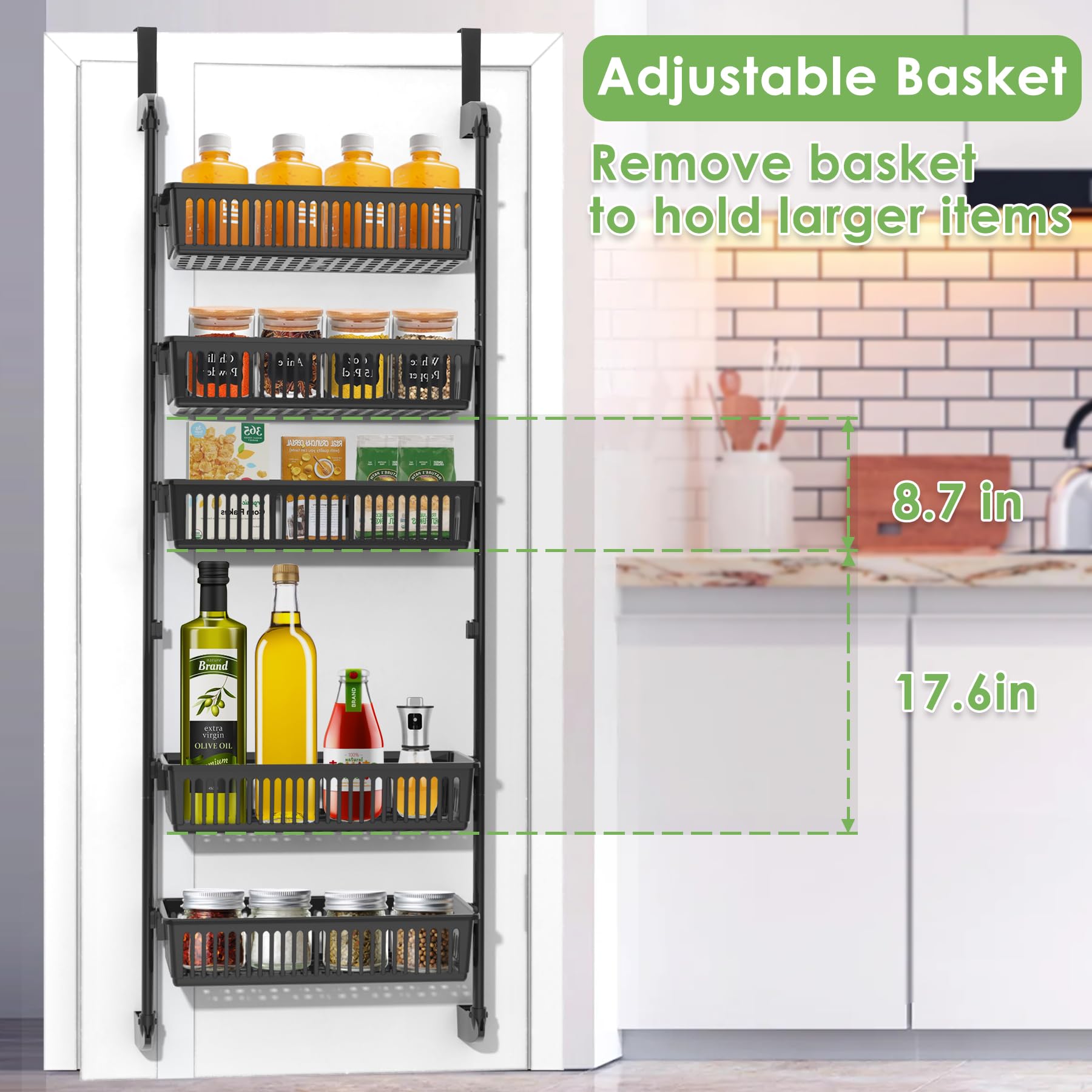 6-Tier Over the Door Pantry Organizer, Upgrade Pantry Door Organization and Storage with 6 Maximum Baskets, Wall Mounted Over the Door Spice Rack Suitable for Kitchen, Bathroom, Playroom