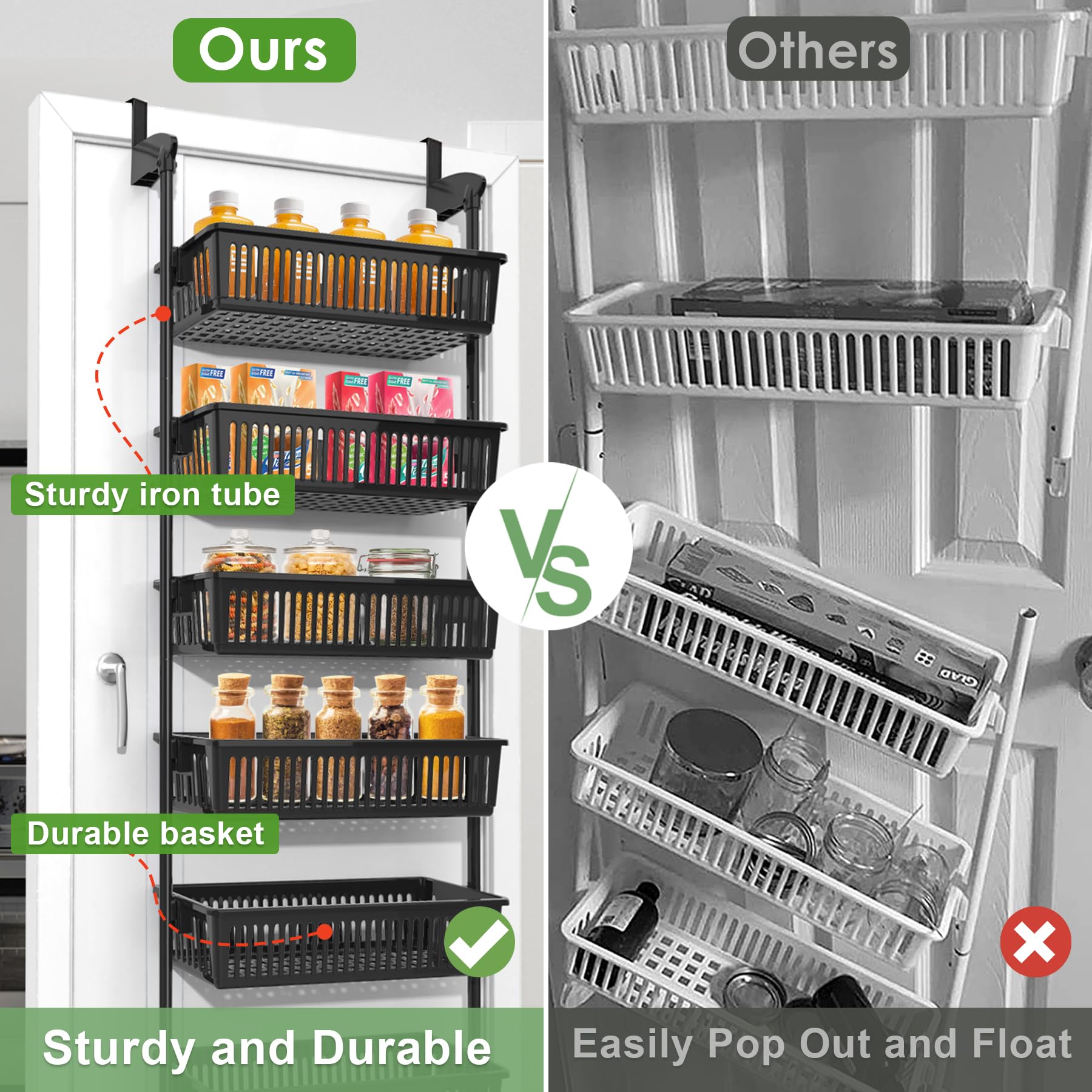 6-Tier Over the Door Pantry Organizer, Upgrade Pantry Door Organization and Storage with 6 Maximum Baskets, Wall Mounted Over the Door Spice Rack Suitable for Kitchen, Bathroom, Playroom