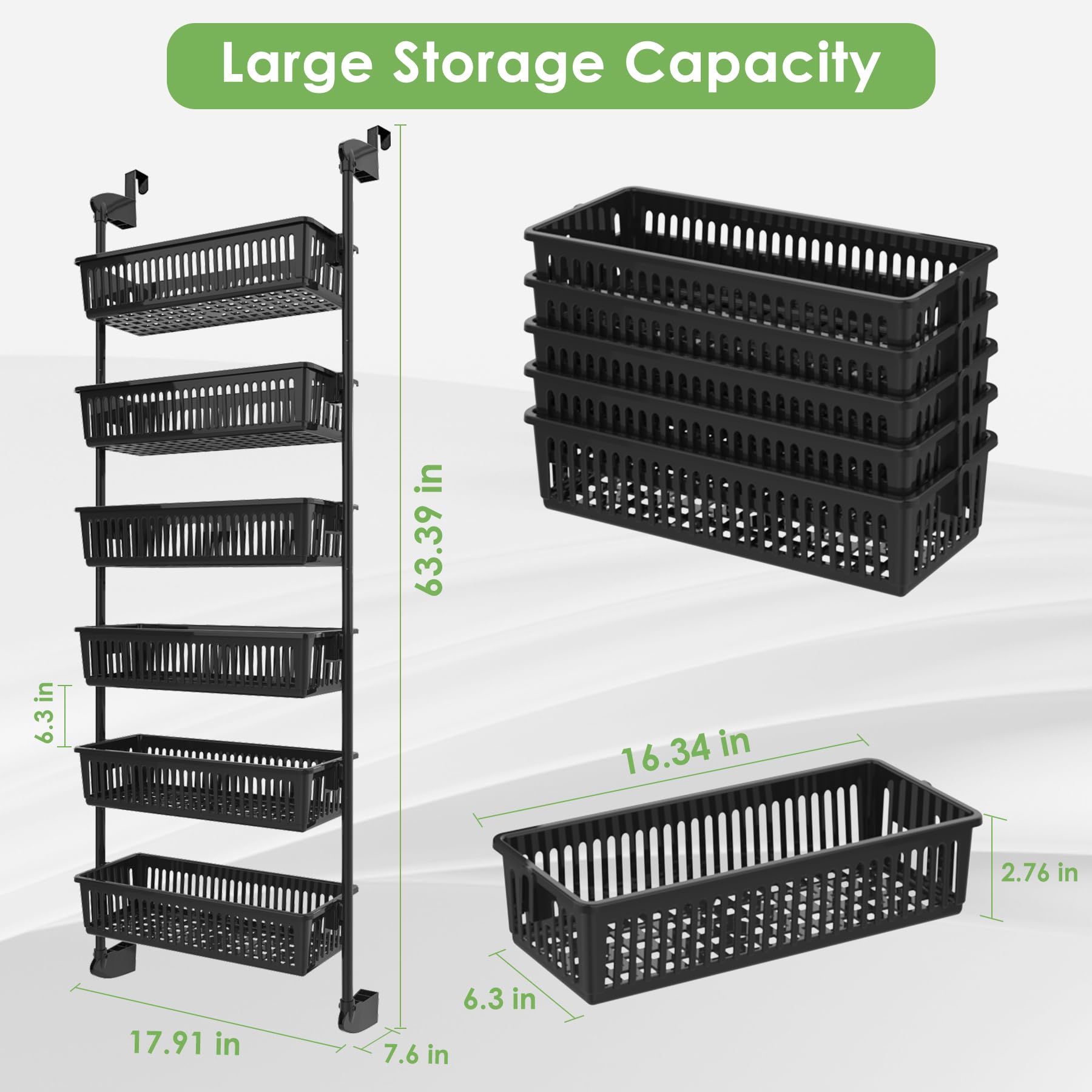 6-Tier Over the Door Pantry Organizer, Upgrade Pantry Door Organization and Storage with 6 Maximum Baskets, Wall Mounted Over the Door Spice Rack Suitable for Kitchen, Bathroom, Playroom