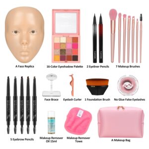 ZTBBRA Makeup Practice Kit, Reusable Silicone Makeup Practice Face/Makeup Mannequin Face, Come with Makeup Brushes Set&Dual head Eyebrow Pencils&Eyeliners&a Pair of Eyelashes&a Makeup Bag