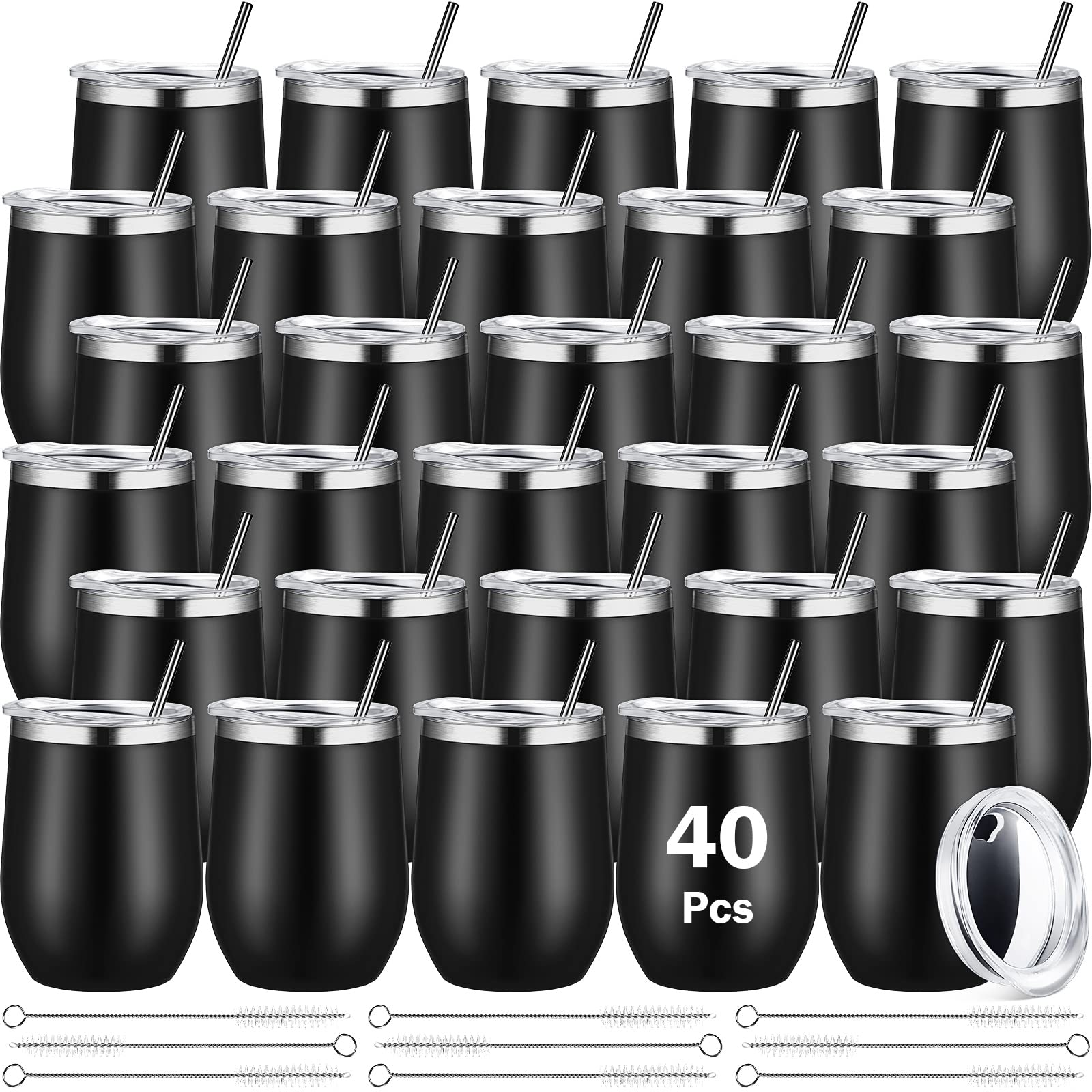 Sieral 40 Pack Insulated Wine Tumbler 12 oz Stainless Steel Wine Glasses Bulk with Lids Straws Double Wall Vacuum Cups Stemless Coffee Cup Nurse Week Gift for Coworker Lover(White)