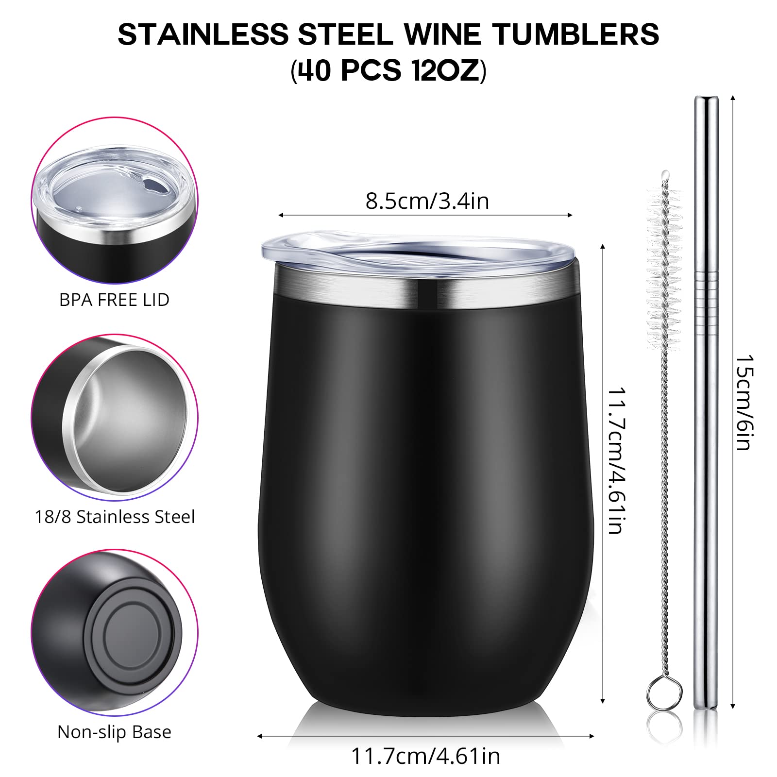 Sieral 40 Pack Insulated Wine Tumbler 12 oz Stainless Steel Wine Glasses Bulk with Lids Straws Double Wall Vacuum Cups Stemless Coffee Cup Nurse Week Gift for Coworker Lover(White)