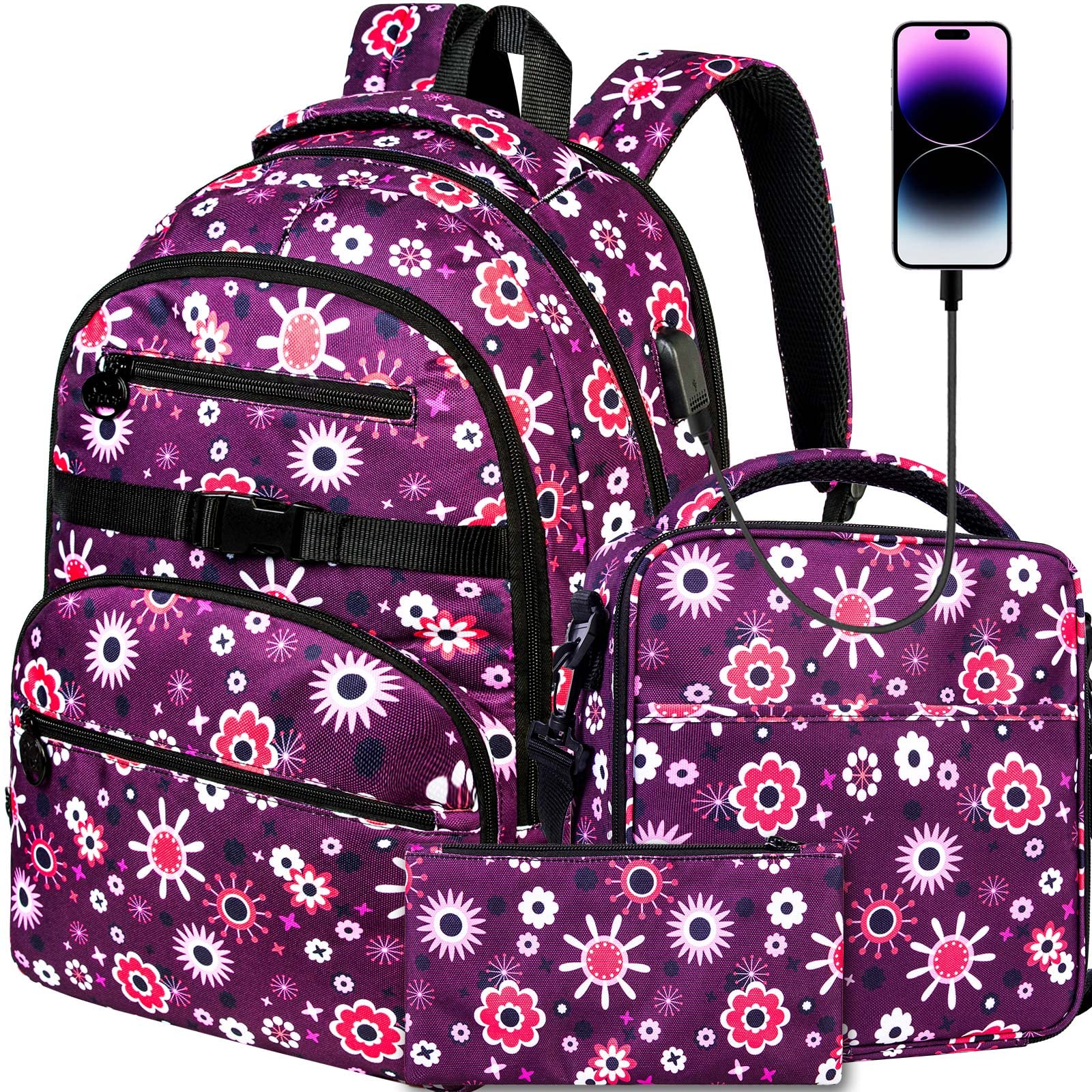 TXHVO 3Pcs Backpack for Girls, Water Resistant Flowers Bookbag, Elementary Backpacks for Teens Students School with USB Charging Port (Purple)