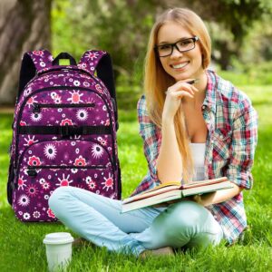 TXHVO 3Pcs Backpack for Girls, Water Resistant Flowers Bookbag, Elementary Backpacks for Teens Students School with USB Charging Port (Purple)