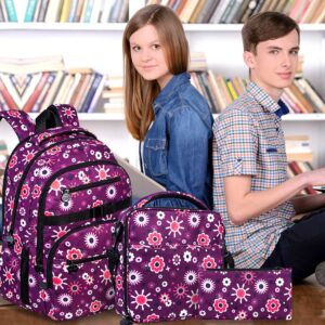 TXHVO 3Pcs Backpack for Girls, Water Resistant Flowers Bookbag, Elementary Backpacks for Teens Students School with USB Charging Port (Purple)