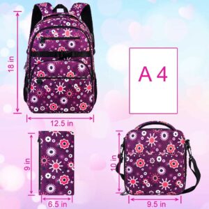 TXHVO 3Pcs Backpack for Girls, Water Resistant Flowers Bookbag, Elementary Backpacks for Teens Students School with USB Charging Port (Purple)