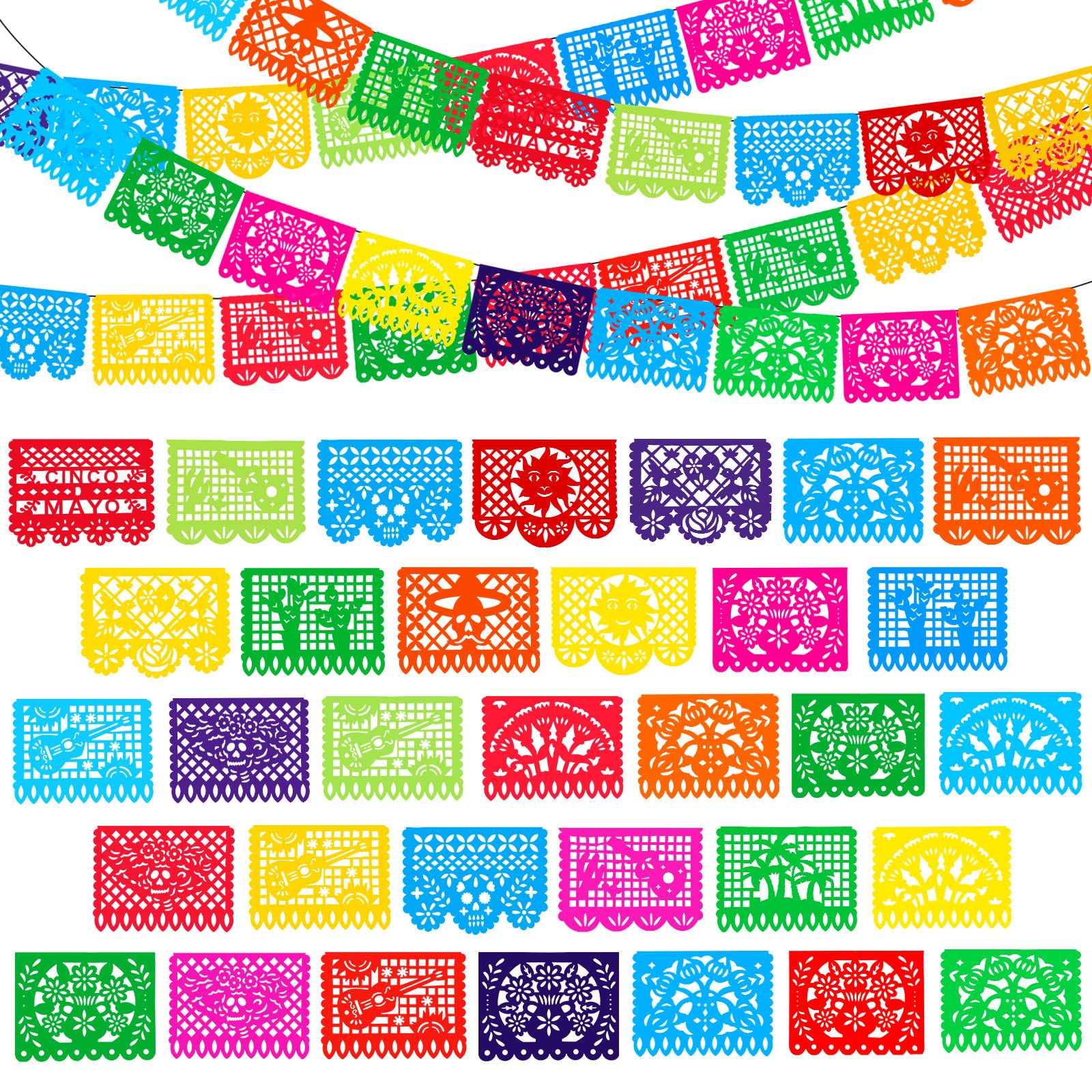 12 Pcs 180 ft Mexican Party Banners Large Papel Picado Banner 10 Patterns Plastic Fiesta Banner Decorations for Cinco De Mayo Mexican Fiesta Party Day of The Dead Dia De Los Muertos