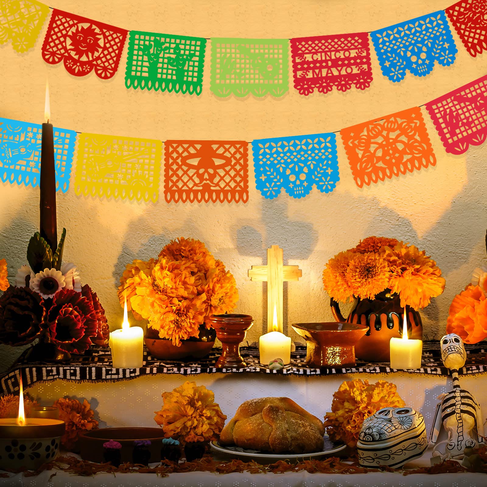 12 Pcs 180 ft Mexican Party Banners Large Papel Picado Banner 10 Patterns Plastic Fiesta Banner Decorations for Cinco De Mayo Mexican Fiesta Party Day of The Dead Dia De Los Muertos