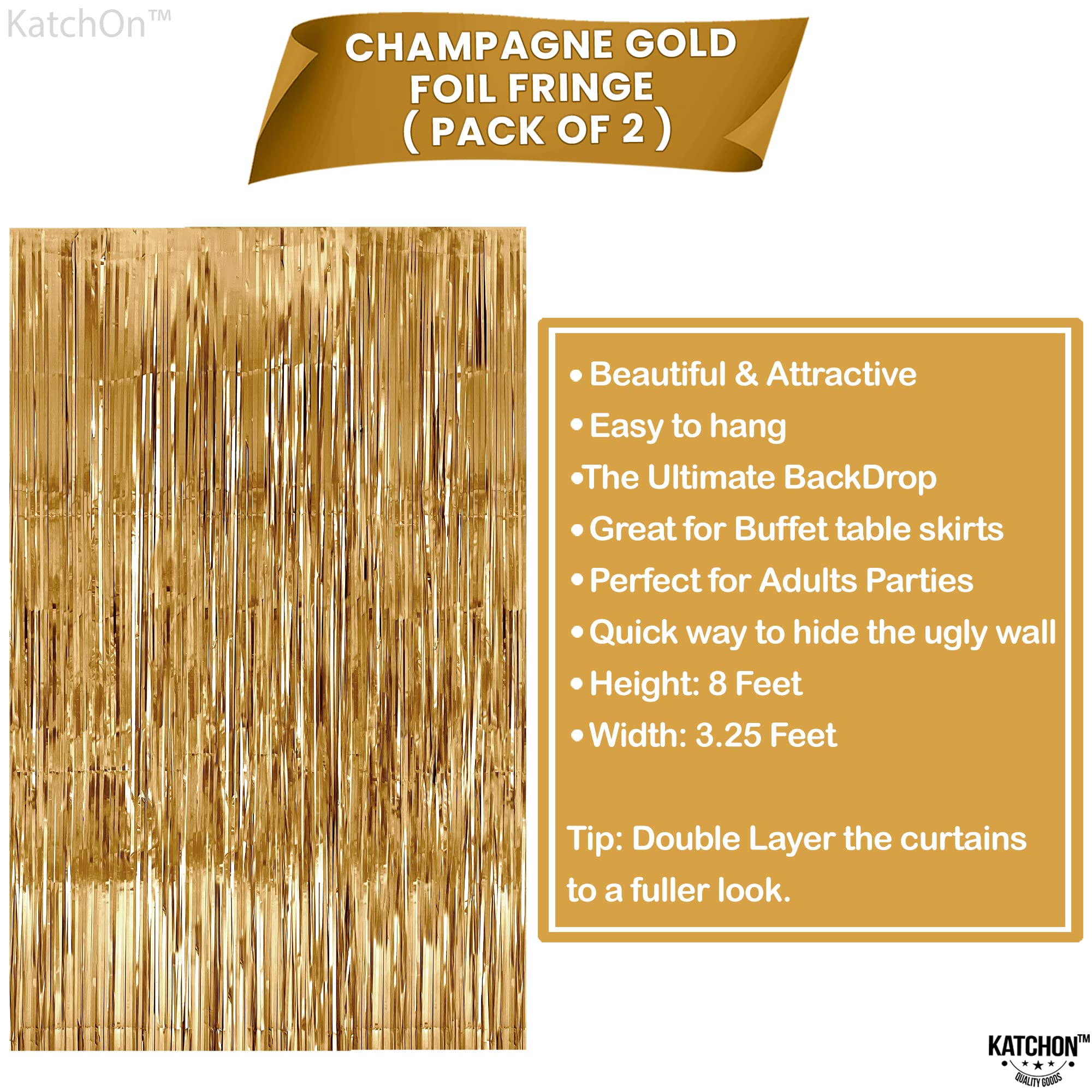 KatchOn, XtraLarge Champagne Gold Backdrop - 6.4x8 Feet, Pack of 2 | Gold Streamers for New Years Decorations | Gold String Backdrop for Gold New Years Eve Party Supplies 2024 | Golden Birthday Decor