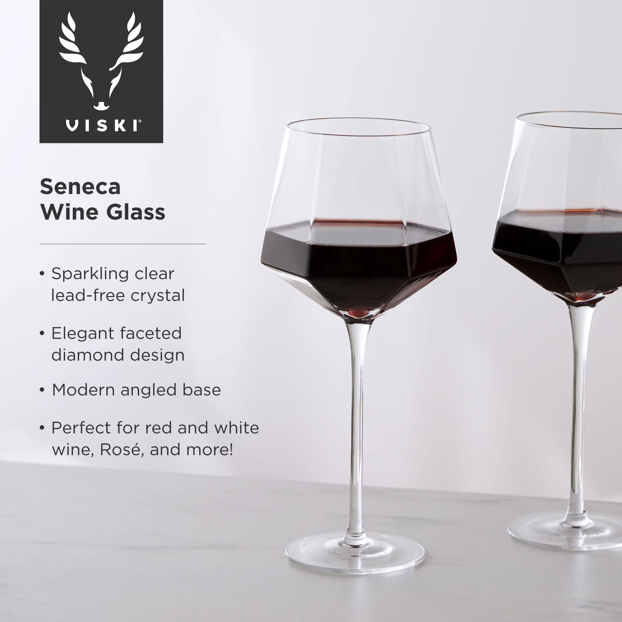 Viski Seneca Modern Wine Glasses - Long Stem Wine Glass Set for Red or White Wine - Dishwasher Safe Crystal 15.5oz Set of 2