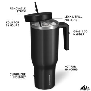 Hydrapeak Voyager 40 oz Tumbler with Handle and Straw Lid | Reusable Stainless Steel Water Bottle Travel Mug Cupholder Friendly | Insulated Cup (Black)