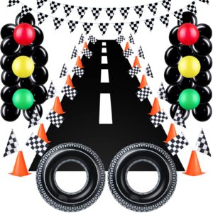 78 pcs race car birthday party decor include 46 traffic light balloons, 12 traffic cones, 12 checkered flag, 2 pennant banner, 2 tire swimming ring, 1 track running mat, and 3 assembly accessories