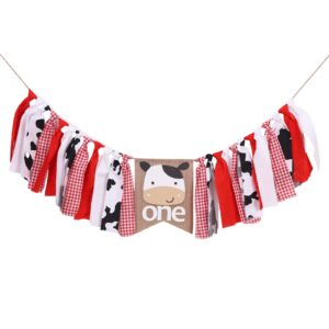 farm cow for first birthday highchair banner - boy or girl high chair one first 1st barnyard smash cake cow western fabric picnic decorations cow , party decor for baby showers (farm cow highchair