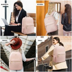 LOVEVOOK Laptop Backpack for Women, Faux Leather Business Work Backpack Purse, Vintage Travel Backpack with USB Charging Port, Waterproof Professor Nurse Bag Laptop Daypack, Pink