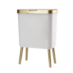 procade bathroom trash can with lid, plastic garbage can with lid, 4 gal gold trash bin with push button, narrow white trash can waste basket for bedroom, living room,office，dog proof trash can