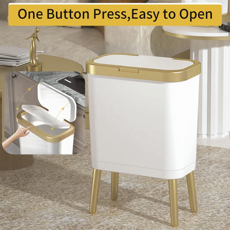 Procade Bathroom Trash Can with Lid, Plastic Garbage Can with Lid, 4 Gal Gold Trash Bin with Push Button, Narrow White Trash Can Waste Basket for Bedroom, Living Room,Office，Dog Proof Trash Can