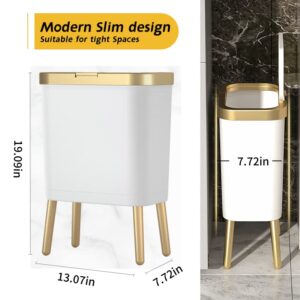 Procade Bathroom Trash Can with Lid, Plastic Garbage Can with Lid, 4 Gal Gold Trash Bin with Push Button, Narrow White Trash Can Waste Basket for Bedroom, Living Room,Office，Dog Proof Trash Can