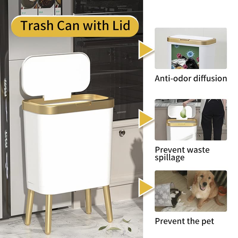 Procade Bathroom Trash Can with Lid, Plastic Garbage Can with Lid, 4 Gal Gold Trash Bin with Push Button, Narrow White Trash Can Waste Basket for Bedroom, Living Room,Office，Dog Proof Trash Can