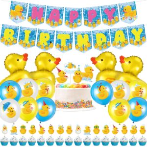 leitee 57 pcs duck birthday decorations latex duck balloon duck shape foil balloon happy birthday garland banner duck cake topper cupcake topper duck decor rubber duck themed party supplies (novel)