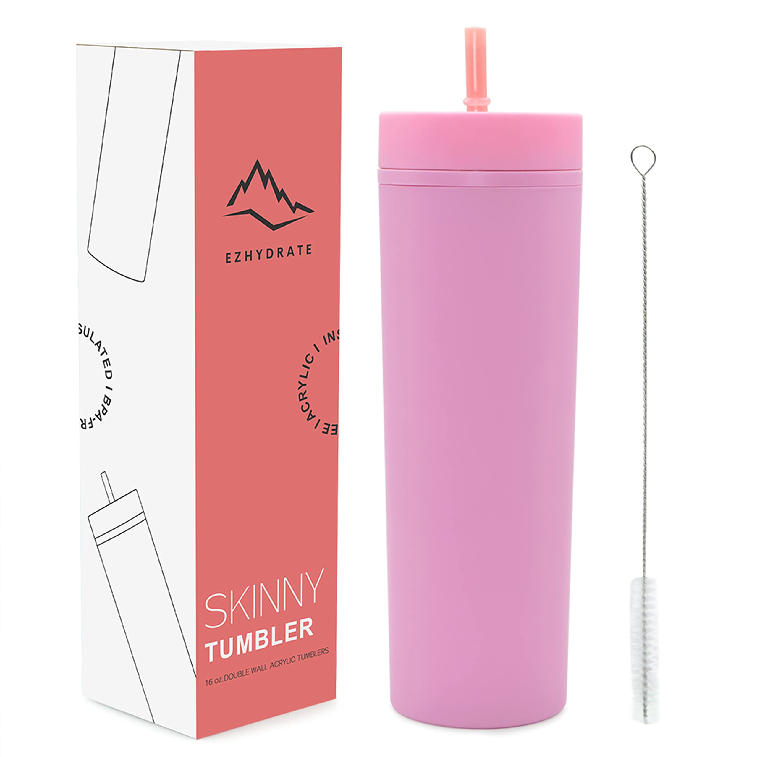 Ezhydrate SKINNY TUMBLERS (1 Pack)- LIGHT PINK- Matte Pastel Colored Acrylic Single Tumbler with Lid and Straw | 16oz Double Wall Reusable Plastic Tumbler w Straw Cleaner INCLUDED