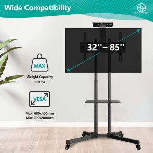 Mobile TV Stand Rolling TV Stand with Wheels for 32-85 Inch LED LCD Flat Curved Screens TVs, Height Adjustable Portable Cart Trolley Floor Stand with Shelf for Home Office