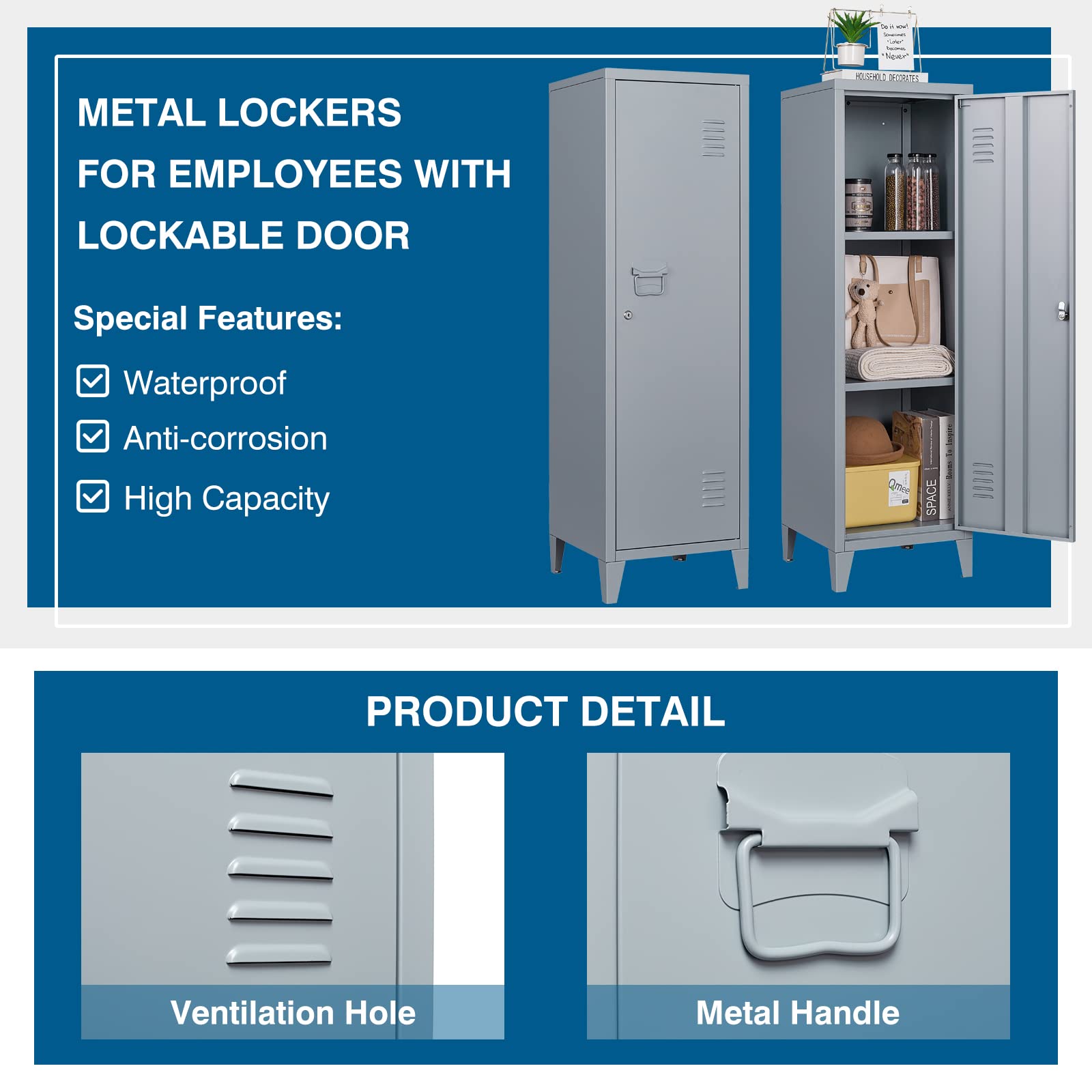 PEUKC Metal Storage Locker, 50" Tall Locker Storage Cabinet for Employees, 3-Tier Storage Cabinet Locker with Lock and Keys for School, Gym, Home, Office Staff (Retro, Assemble Required)