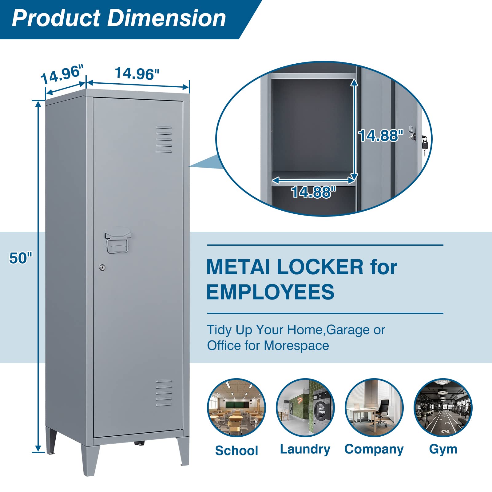 PEUKC Metal Storage Locker, 50" Tall Locker Storage Cabinet for Employees, 3-Tier Storage Cabinet Locker with Lock and Keys for School, Gym, Home, Office Staff (Retro, Assemble Required)