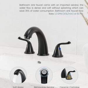 Black Bathroom Faucets, Faucet for Bathroom Sink - 2 Handle Basin Faucet, 3 Hole 8 Inch Widerspread Bathroom Faucet with Pop Up Drain Assembly, Water Supply Lines Faucets for RV Bath Vanity