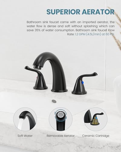 Black Bathroom Faucets, Faucet for Bathroom Sink - 2 Handle Basin Faucet, 3 Hole 8 Inch Widerspread Bathroom Faucet with Pop Up Drain Assembly, Water Supply Lines Faucets for RV Bath Vanity