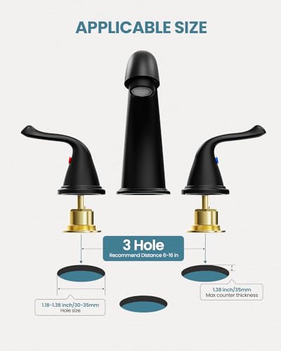Black Bathroom Faucets, Faucet for Bathroom Sink - 2 Handle Basin Faucet, 3 Hole 8 Inch Widerspread Bathroom Faucet with Pop Up Drain Assembly, Water Supply Lines Faucets for RV Bath Vanity