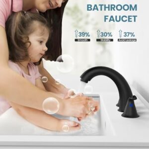 Black Bathroom Faucets, Faucet for Bathroom Sink - 2 Handle Basin Faucet, 3 Hole 8 Inch Widerspread Bathroom Faucet with Pop Up Drain Assembly, Water Supply Lines Faucets for RV Bath Vanity