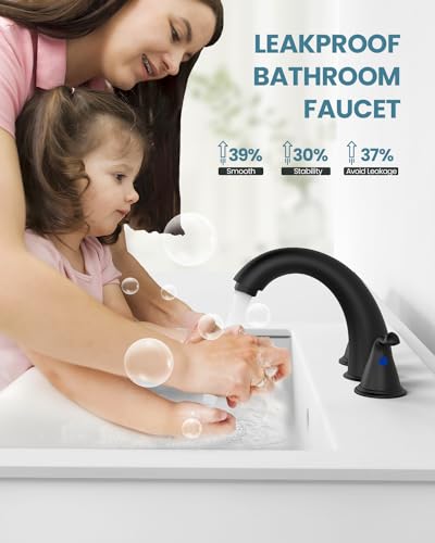 Black Bathroom Faucets, Faucet for Bathroom Sink - 2 Handle Basin Faucet, 3 Hole 8 Inch Widerspread Bathroom Faucet with Pop Up Drain Assembly, Water Supply Lines Faucets for RV Bath Vanity