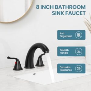 Black Bathroom Faucets, Faucet for Bathroom Sink - 2 Handle Basin Faucet, 3 Hole 8 Inch Widerspread Bathroom Faucet with Pop Up Drain Assembly, Water Supply Lines Faucets for RV Bath Vanity