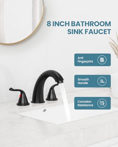 Black Bathroom Faucets, Faucet for Bathroom Sink - 2 Handle Basin Faucet, 3 Hole 8 Inch Widerspread Bathroom Faucet with Pop Up Drain Assembly, Water Supply Lines Faucets for RV Bath Vanity