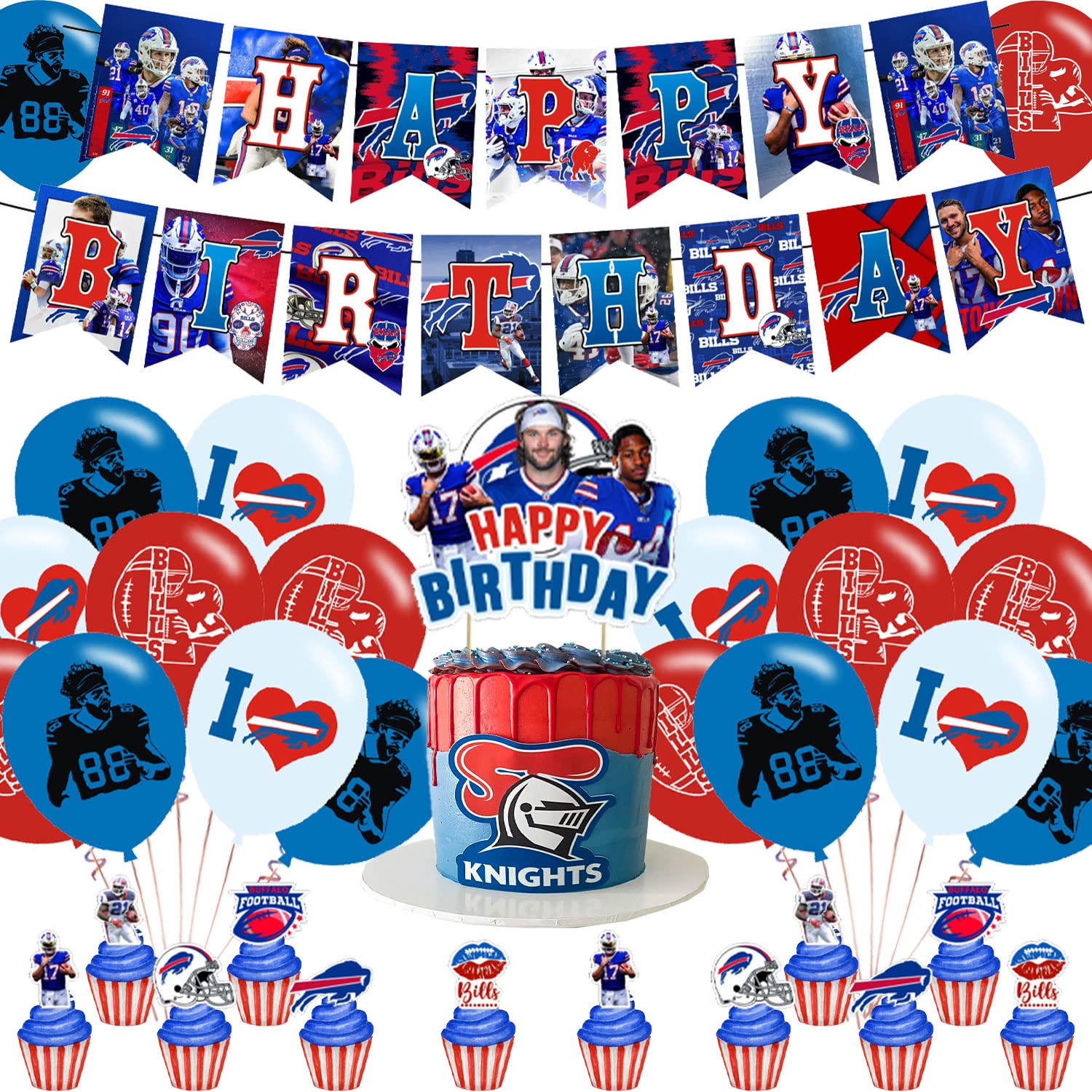 Bills Birthday Party Decorations,Buffalo Party Supplies,Buffalo Football Supplies Includes Happy Birthday Banner, Balloons, Cupcake Toppers, Cake Topper for Boys And Girls