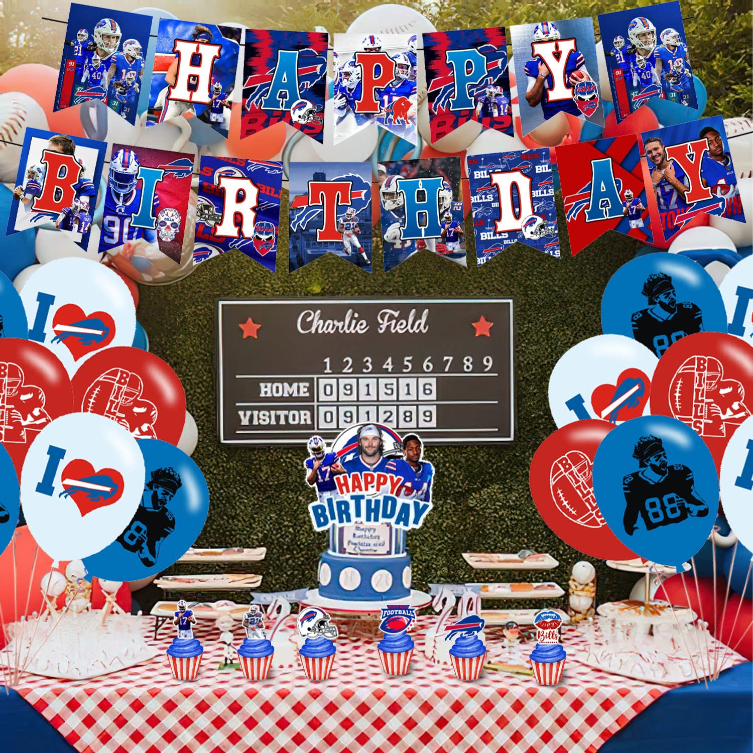 Bills Birthday Party Decorations,Buffalo Party Supplies,Buffalo Football Supplies Includes Happy Birthday Banner, Balloons, Cupcake Toppers, Cake Topper for Boys And Girls