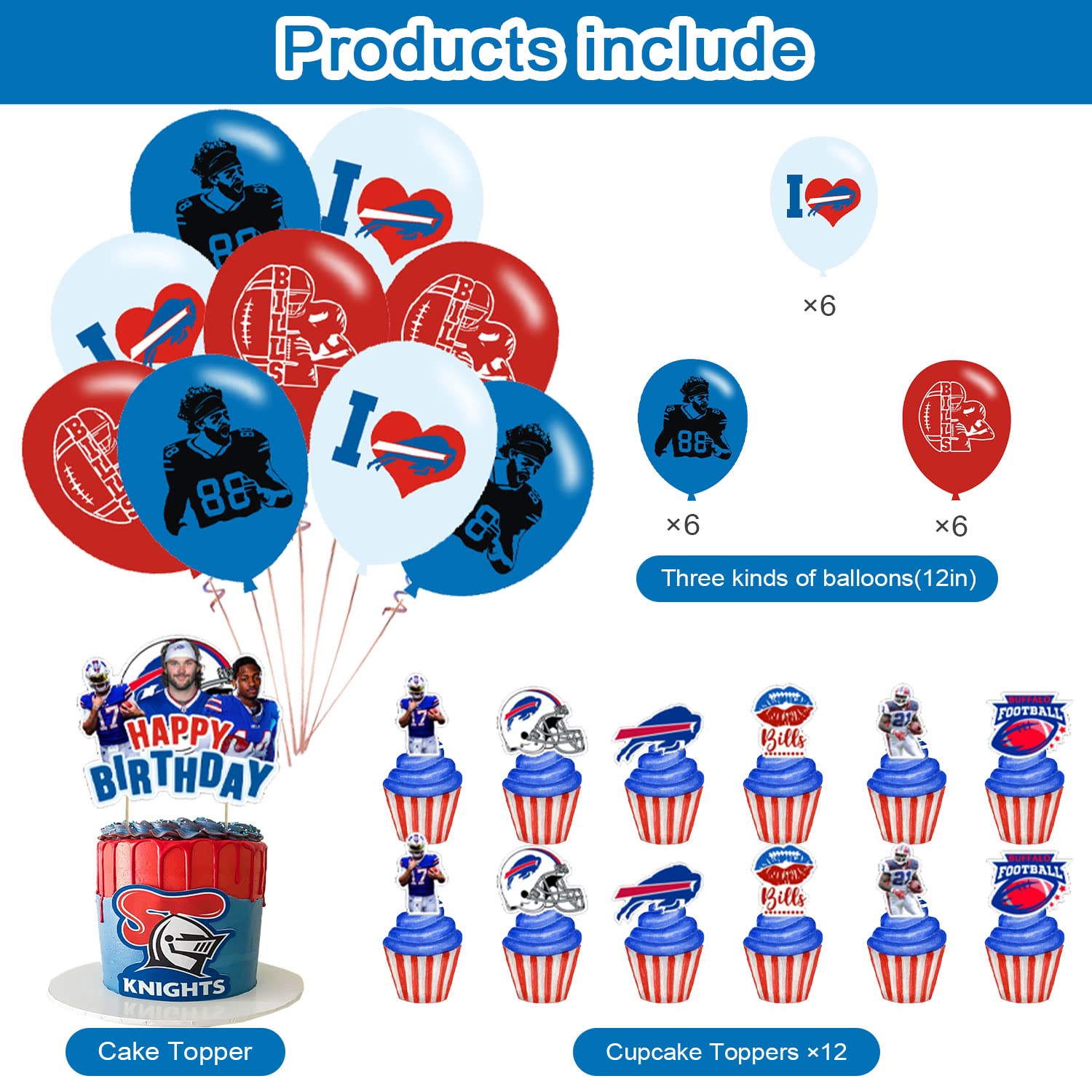 Bills Birthday Party Decorations,Buffalo Party Supplies,Buffalo Football Supplies Includes Happy Birthday Banner, Balloons, Cupcake Toppers, Cake Topper for Boys And Girls