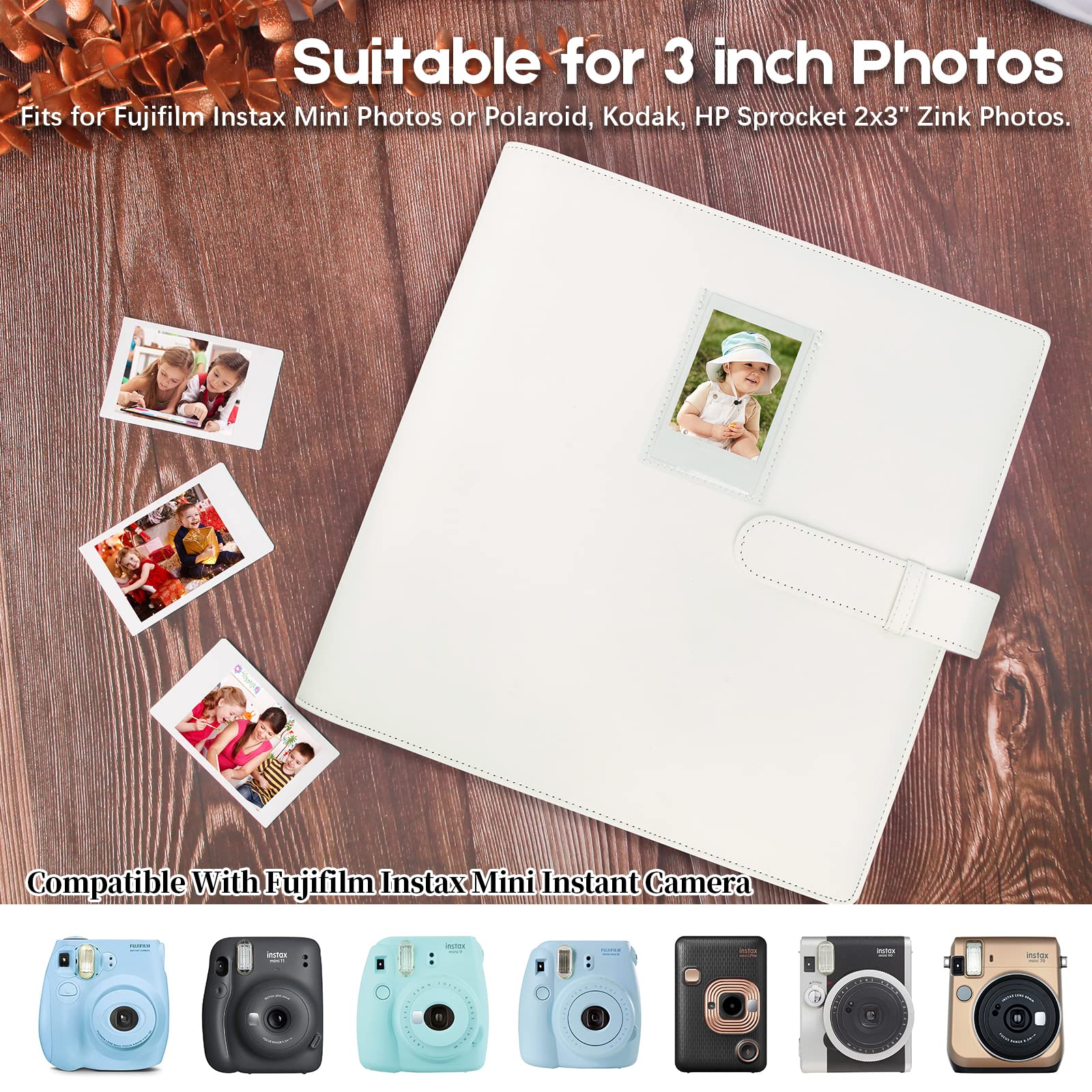 640 Pockets Photo Album for Fujifilm Instax Mini Camera, Photo Album for Polaroid, Leather Cover, Photo Album for Instax Mini 12 11 9 40 90 8 7 Evo LiPlay Instant Camera, 2x3 Photo Album (White)
