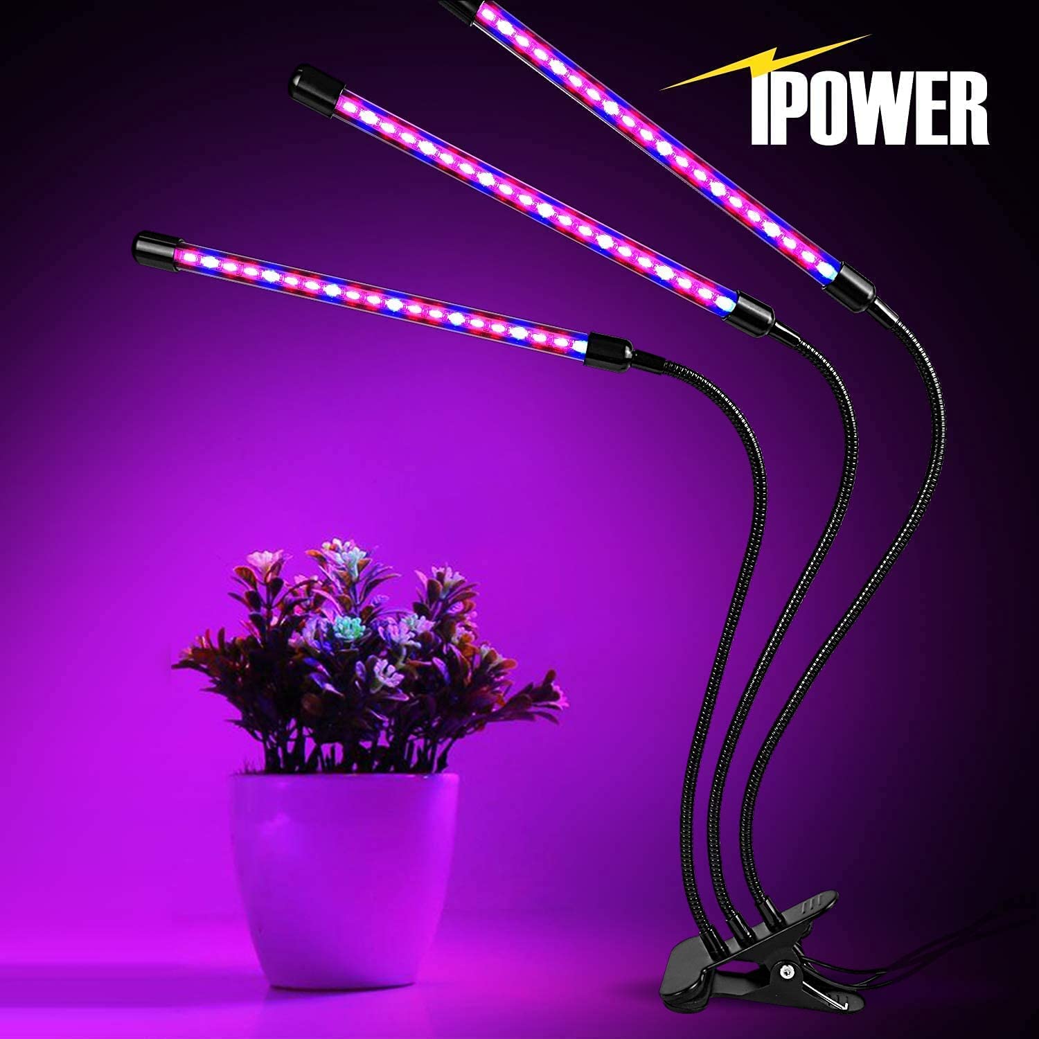 iPower LED Grow Lights with Full Spectrum Plant Growing Lamp for Indoor Plant, 3 Modes Timing Function, 3 Tubes, Red&Blue
