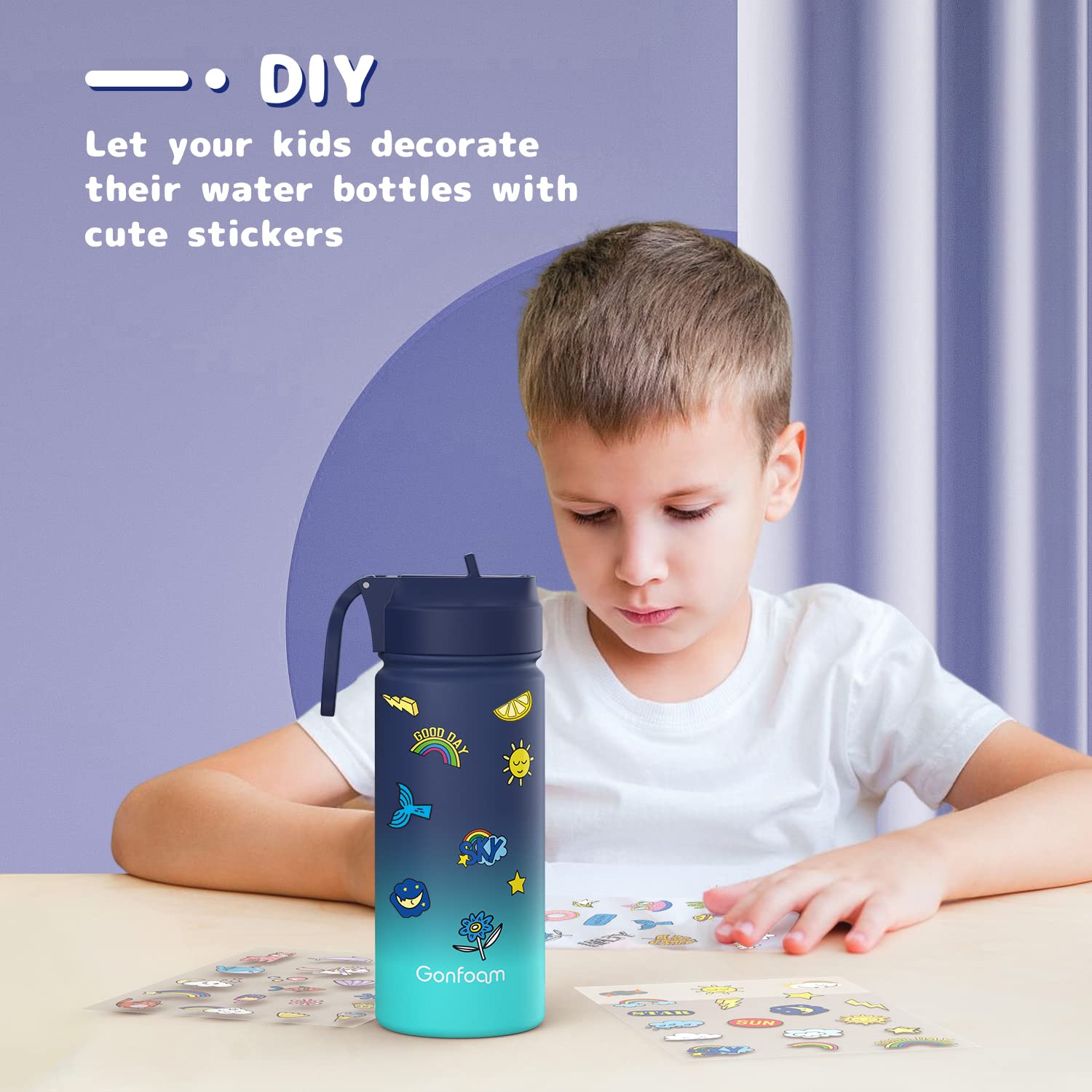 Kids Water Bottle, 16oz Water Bottles Kids with Straw and Stickers, Stainless Steel Vacuum Double Wall Insulated cup, Kids Water Bottle for School, Gifts for Boys(Navy blue)