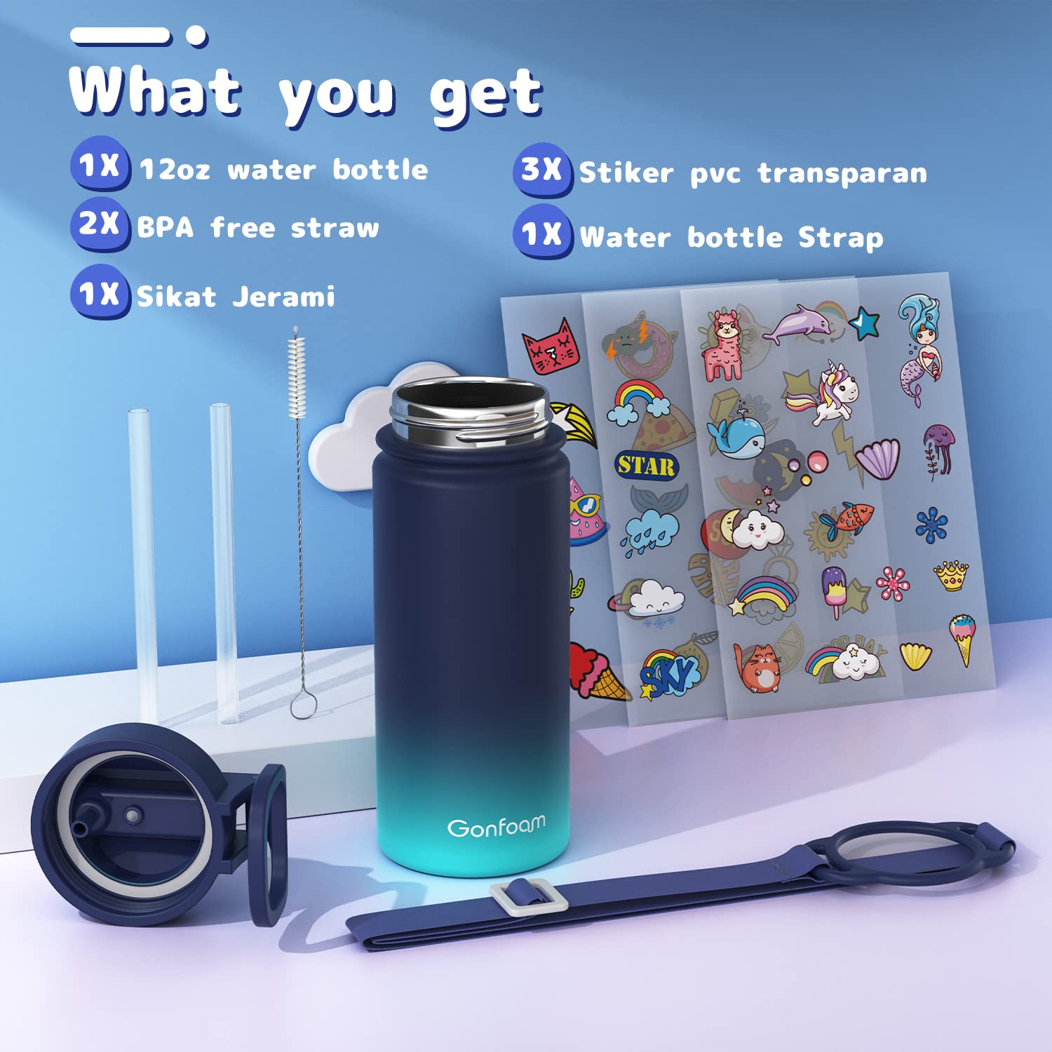 Kids Water Bottle, 16oz Water Bottles Kids with Straw and Stickers, Stainless Steel Vacuum Double Wall Insulated cup, Kids Water Bottle for School, Gifts for Boys(Navy blue)