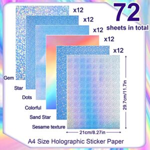 72 Sheets Holographic Sticker Paper with Gem Star A4 Size Printable Holographic Laminate Sheets Vinyl Star Sticker Paper Self Adhesive Waterproof for Ink Jet Laser Printer, 8.27" x 11.7"