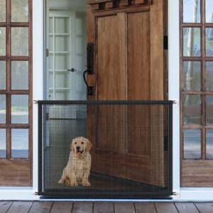 mesh gates for kids or pets, magic pet gate for the house, portable baby puppy safety fence guard for stairs and doorways, easy install anywhere, 43" w x 30" h, 8 hooks
