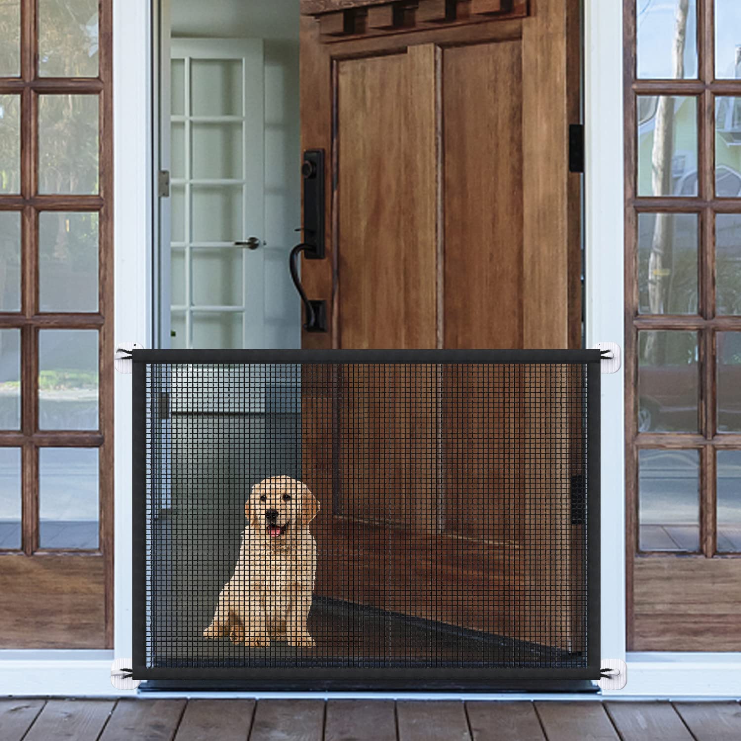 Mesh Gates for Kids or Pets, Magic Pet Gate for The House, Portable Baby Puppy Safety Fence Guard for Stairs and Doorways, Easy Install Anywhere, 43" W x 30" H, 8 Hooks