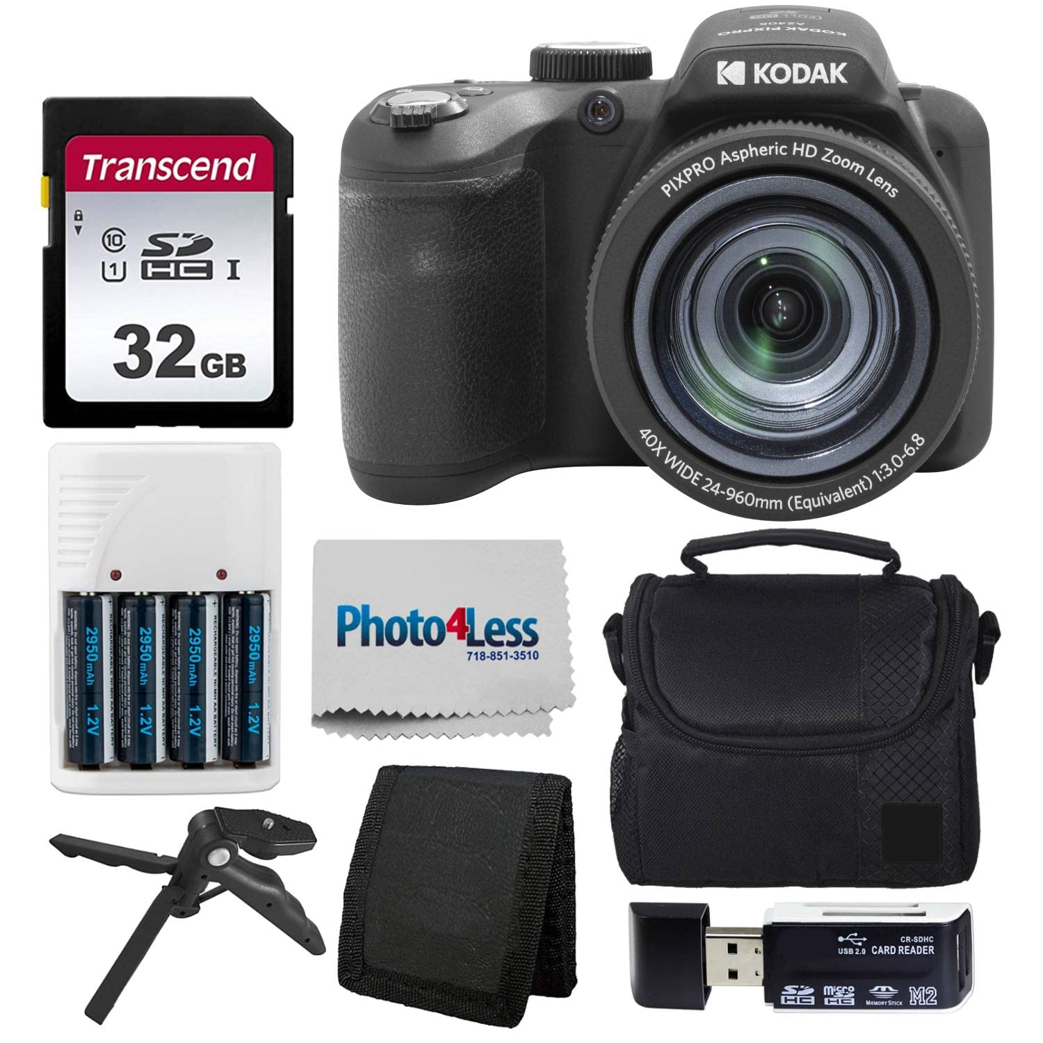 Kodak PIXPRO AZ405 Digital Camera Black, Point & Shoot Camera Case, 32GB SD Memory Card, Rechargeable Batteries & Charger, USB Card Reader, Table Tripod, Accessories