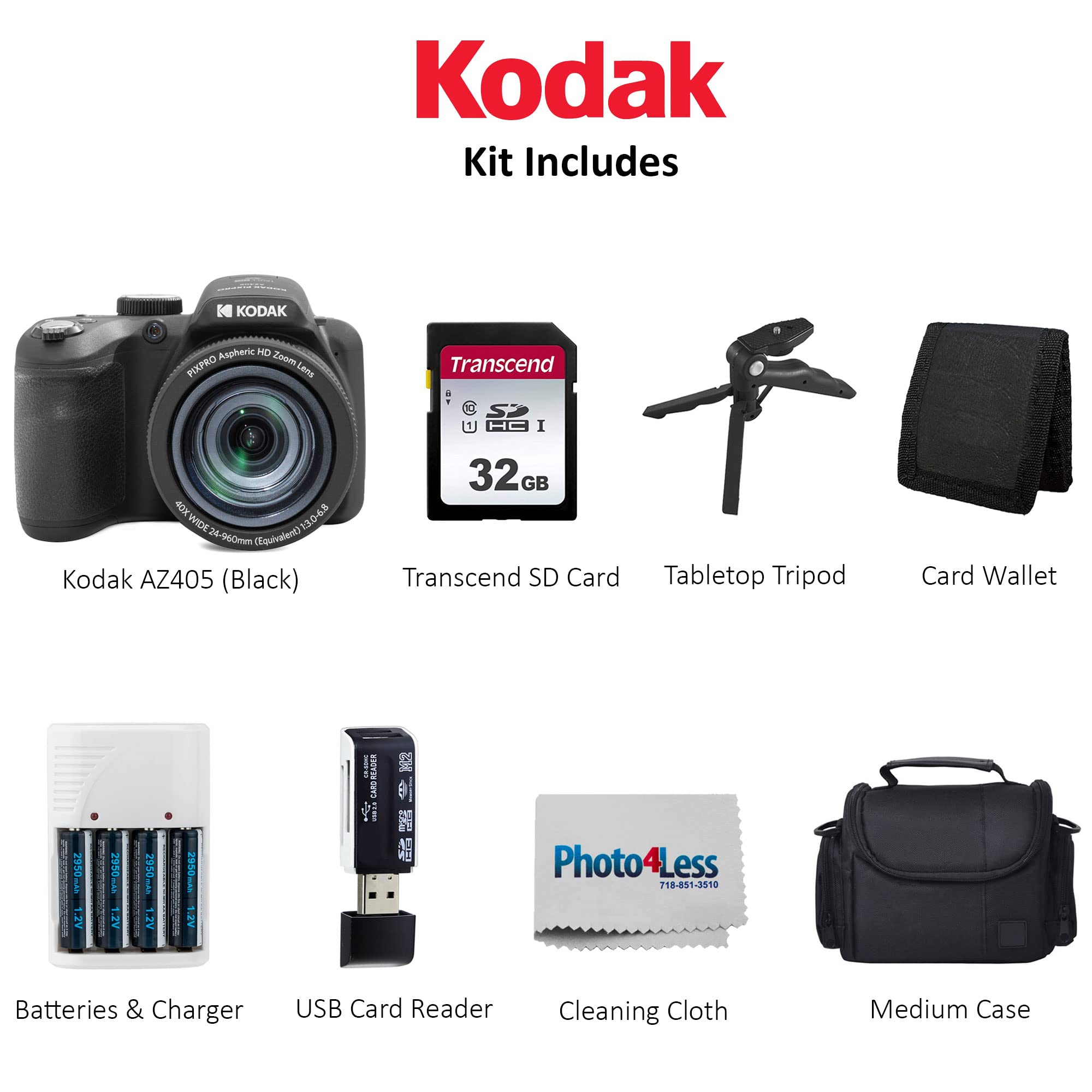 Kodak PIXPRO AZ405 Digital Camera Black, Point & Shoot Camera Case, 32GB SD Memory Card, Rechargeable Batteries & Charger, USB Card Reader, Table Tripod, Accessories