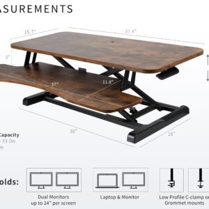 VIVO 38 inch Desk Converter, K Series, Height Adjustable Sit to Stand Riser, Dual Monitor and Laptop Workstation with Wide Keyboard Tray, Rustic Vintage Brown Top, Black Frame, DESK-V037KN