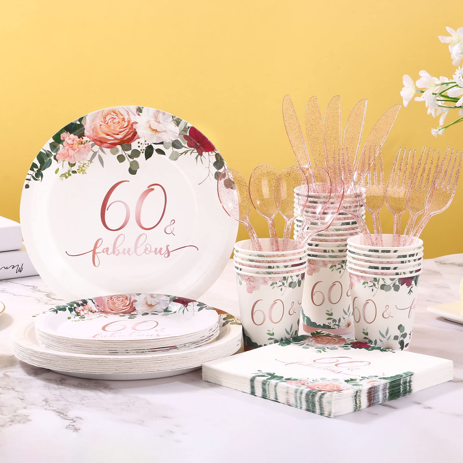 168pcs 60th Birthday Decorations - 60th Birthday Plates and Napkins Party Supplies for Women 60th Birthday Party Decorations,Serves 24