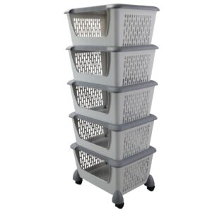 farmoon 5 pack plastic stackable storage baskets, grey plastic stacking baskets with wheels