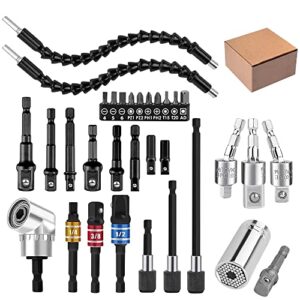 32pcs Flexible Drill Bit Extension Set, Rotatable Joint Socket 1/4 3/8 1/2 Inch Hex Socket Adapter, 105°Right Angle Drill Attachmen, Bendable Drill Bit Extension Screwdriver Kit with a Box (Black)